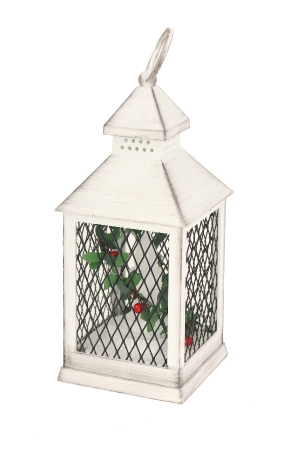 Indoor - Outdoor LED White Taper Candle Lantern With Removeable Greenery Berries - Timer