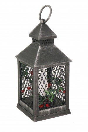 Black Taper Candle Lantern With Removeable Greenery Berries - Timer