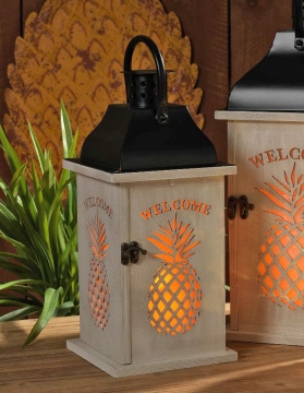Welcome Pineapple Wood With Metal Lantern - Battery Operated